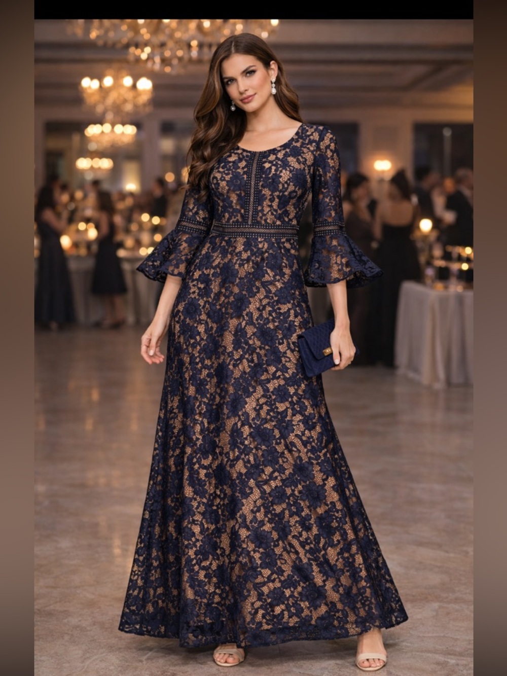 NWT MissMay navy lace 3/4 sleeves maxi special occasion dress size M.